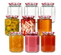 Bayseun Jam Jars with Lids Hexagonal, 9 pack 280ml Small Glass Jars with Red Gingham Screw Top Lids, Wide Mouth Airtight Jars with Lid for Jam, Chutney, Preserves, Marmalade and Pickle