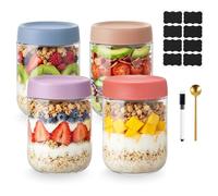 Bayseun Overnight Oats Jars, 4 Pack 500ml/16oz Glass Jar with Screw Lid Leakproof Overnight Oatmeal Container, Salad Jars, Yogurt Pot, for Homemade Cereals Milk Fruit Condiment Dressing (C)