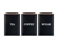 Bayseun Tea Coffee Sugar Canisters, Set of 3 Tea Coffee and Sugar Canisters for Home, Easy Open & Airtight Lids, Tin Caddy, Kitchen Storage Jars, Decorative Stainless Tins, Black
