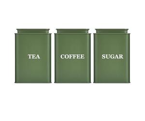Bayseun Tea Coffee Sugar Canisters, Set of 3 Tea Coffee and Sugar Canisters for Home, Easy Open & Airtight Lids, Decorative Food Caddy, Kitchen Storage Jars, Decorative Stainless Tins, Square Green