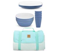 Bayside Blue Pool 12 Piece Two Tone Picnic Tableware Set With Whitesands Picnic Blanket