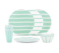 BAYSIDE Thurlestone 12 Pcs Unbreakable Camping/Picnic Dinner Set, Green Stripped 4 Pack of Plates, Bowls, Tumblers, BPA Free, Recycled Polyethylene, Terephthalate Material