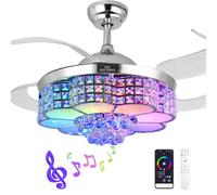 BAYSQUIRREL Retractable Crystal Ceiling Fan with Light, Remote and APP Control, 6 Speeds Reversible Blades, 3-Color LED Dimmable Chandelier Ceiling Fan with Color Temperature Memory 36W 42in