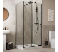 Baystone® 1200 x 700mm Sliding Shower Enclosure Door Screen for Wet Room Cubicle Enclosures with Low Profile Non Slip Tray + Riser Kit, 8mm Safety Glass Space Saving, Side Panel, Frameless, Black