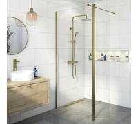 BAYSTONE® 1400mm Wet Room Shower Screen Panel 8mm Toughened Safety Easy Clean Glass Walk in Shower Enclosure + Hinged Return Panel, Frameless, Brushed Brass