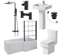 BAYSTONE 1700mm L Shape Bathroom Suite RH Bath Black Grid Screen Basin Full Pedestal Toilet WC Thermostatic Mixer Shower Taps