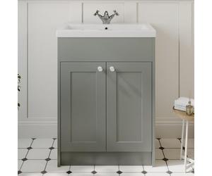 Baystone® 600mm Traditional Bathroom Vanity Unit with Wash Basin Ceramic Sink, Double Door, Cloakroom Storage Furniture Under Basin Cabinet, Floorstanding Cabinets Grey