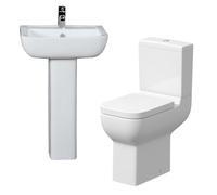 BAYSTONE® Amelie Cloakroom Bathroom Suite Close Coupled Toilet WC Comfort Height Rimless Pan Cistern Basin Full Pedestal Soft Close Freestanding Modern White