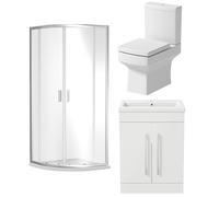 BAYSTONE Bathroom Suite 900 x 900 mm Quadrant Shower Enclosure Cubicle Sliding Door Tempered Glass Screen Close Coupled Toilet Soft Close Seat White Gloss Vanity Unit Basin