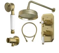 Baystone® Bathroom Thermostatic Mixer Shower with Round Rainfall Drencher Head Handset & Concealed Valve Wall Mounted Traditional, Brushed Brass
