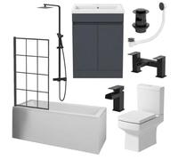 Baystone Complete Bathroom Suite 1600mm Single Ended Square Bath Black Grid Screen Basin Grey Vanity Unit Close Coupled Toilet WC Thermostatic Mixer Shower Taps Waste