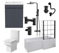Baystone Complete Bathroom Suite 1700mm L Shape Bath RH Black Grid Screen Basin Grey Vanity Unit Close Coupled Toilet WC Thermostatic Mixer Shower Taps Waste