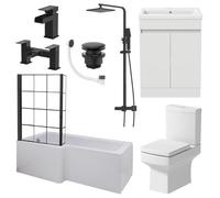 BAYSTONE Complete Bathroom Suite 1700mm L Shape LH Bath Black Grid Screen Basin Door Vanity Unit WC Thermostatic Mixer Shower Taps