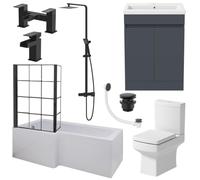 Baystone Complete Bathroom Suite 1700mm Left Hand L-Shaped Bath Black Grid Screen Basin Grey Vanity Unit Close Coupled Toilet WC Thermostatic Mixer Shower Taps Waste