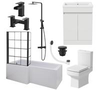 Baystone Complete Bathroom Suite 1700mm Left Hand L-Shaped Bath Black Grid Screen Basin White Vanity Unit Close Coupled Toilet WC Thermostatic Mixer Shower Taps Waste
