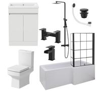 Baystone Complete Bathroom Suite 1700mm Right Hand L-Shaped Bath Black Grid Screen Basin White Vanity Unit Close Coupled Toilet WC Thermostatic Mixer Shower Taps Waste
