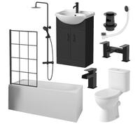 Baystone Complete Bathroom Suite 1700mm Single Ended Curved Bath Black Grid Screen Basin Matt Black Vanity Unit Close Coupled Toilet WC Thermostatic Mixer Shower Taps Waste