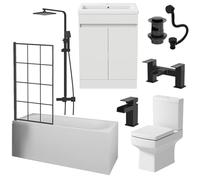 Baystone Complete Bathroom Suite 1700mm Single Ended Curved Bath Black Grid Screen Basin White Vanity Unit Close Coupled Toilet WC Thermostatic Mixer Shower Taps Waste
