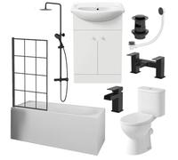 Baystone Complete Bathroom Suite 1700mm Single Ended Curved Bath Black Grid Screen Basin White Vanity Unit Close Coupled Toilet WC Thermostatic Mixer Shower Taps Waste