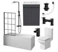 Baystone Complete Bathroom Suite 1700mm Single Ended Square Bath Black Grid Screen Basin Grey Vanity Unit Close Coupled Toilet WC Thermostatic Mixer Shower Taps Waste