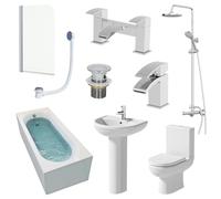 BAYSTONE Complete Bathroom Suite Set with 1700mm Single Ended Bath, Close Coupled Toilet, Ceramic Pedestal Basin, Thermostatic Shower, Bathroom Sink Taps, Bath Shower Screen + Wastes