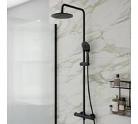 Baystone® Fluted Thermostatic Mixer Shower Set with Rainfall Head Adjustable Riser Rail Handset Hose Exposed Bar Valve Showers Round, Matt Black