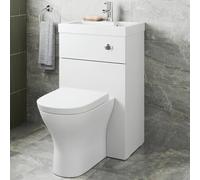 Baystone® Modern Bathroom Cloakroom 2 in 1 Back to Wall BTW Toilet Wash Basin Combi Unit Space Saving Set Soft Close Seat Dual Flush Cistern, White Gloss