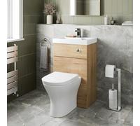 Baystone® Modern Bathroom Cloakroom 2 in 1 Back to Wall BTW Toilet Wash Basin Combi Unit Space Saving Set D Shape Pan Soft Close Seat Dual Flush Cistern, Oak