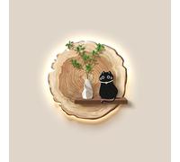 BAYTEWJX 3D Wall Art Decor with LED Lights,Black Cat & Wood Grain Sculpture Mural,with Hydroponic Vase,for Living Room Bedroom Modern Home Decoration.(Brown-Black,60x60cm)