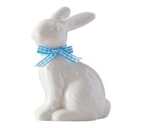BaYuYPOO Easter Ceramic Bunny Figurine, Sitting Porcelain White Rabbit Statue with Colorful Checkered Bow, Easter Bunny Sculpture Ornament for Dining Table Centerpiece