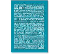 Baz Luhrmann (Lurman) WEAR SUNSCREEN - Typography Print Motivational Inspiring Graduation Song Lyric Poster Gift | Class of 99 Everybody's Free Present for Him or Her (White on Teal, A4 Unframed)