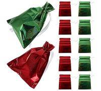 BAZEITFLOW 12pcs Christmas Drawstring Bags Set - 24x32cm Holographic Red Green Aluminum Foil Pouches with Ribbons - Glitter Present Wrapping Bags for Holiday Party, Birthday, and Festival