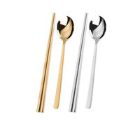 BAZEITFLOW 2 Sets Stainless Steel Chopsticks and Spoon Korean Style with Long Handle Matte Polished Metal Cutlery for Dinner Party Wedding Celebration Gold and Silver Combo
