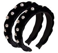 BAZEITFLOW 2pcs Black Velvet Pearl Headbands Wide Padded Hair Hoops for Women Girls Elegant Statement Accessories for Daily Wear and Special Occasions