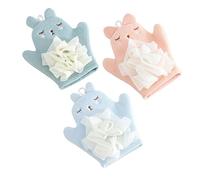 BAZEITFLOW 3pcs Baby Bath Gloves Wash Mitts Reusable Cartoon Double-Sided Exfoliating Bath Sponges for Toddlers with Soft Fabric Blue, Peach Pink, Mint Green Set