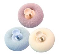 BAZEITFLOW 3pcs Exfoliating Loofah Shower Puff with Suction Cup for Easy Storage Soft Mesh Bath Balls for Scrubbing Massaging Deep Cleansing Gentle Body Wash Accessories in Blue Purple Beige