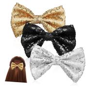 BAZEITFLOW 3pcs Hair Bows Clips Glitter Sequin Hair Bow Clips in Gold Black Silver for Women Teens Accessories