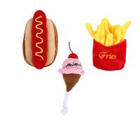 BAZEITFLOW 3pcs Pet Food Simulation Plush Set Interactive Dog Cat Plaything Bite Resistant Soft and Durable for Fetching Tug of War Includes Hot Dog Ice Cream and French Fries