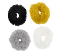 BAZEITFLOW 4pcs Elastic Fuzzy Hair Holders Faux Fur Hair Bands Soft Ponytail Holders for Women Wrist Scrunchies in Black Grey Mustard White Gentle Secure Hold for Hairstyles and Buns