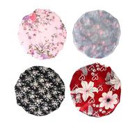BAZEITFLOW 4pcs Satin Sleep Cap Double Layer Adjustable Night Sleep Hats for Women with Floral Prints Pink, Grey Flamingo, Burgundy and Black Shower Caps for Hair Care