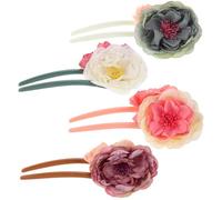 BAZEITFLOW 4pcs U-shaped Retro Fabric Hair Pins with Rose Flower Design Lightweight Vintage Hair Forks for Elegant Bun Updos Comfortable Long Accessories for Women