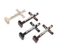 BAZEITFLOW 4pcs Wooden Crucifix Cross with Stand for Table and Wall Handcarved Catholic Wood Crosses in Deep Brown Black White for Christmas Party Decoration and Daily Prayer Display