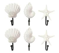 BAZEITFLOW 6pcs Coastal Decorative Nautical Wall Hooks Set in White Resin with Seashell, Seastar, and Conch Shapes Versatile Hanging Solution, Easy to Install for Bedroom and Entryways