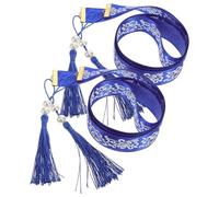BAZEITFLOW Chinese Style Hanfu Hair Ribbon Pair with Tassel Traditional Blue Floral Printed Long Hair Tie for Women Chinese New Year for Wedding and Daily Wear