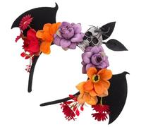 BAZEITFLOW Day Dead Headband with Mexican Flower Crown and Bat Wings Comfortable Fabric Halloween Skull Hairband for Masquerade Mardi Gras Cosplay and Costume Parties