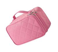 BAZEITFLOW Double Layer Large Capacity Makeup Bag with Mirror Nylon Cosmetic Storage Organizer for Travel and Daily Use Portable Toiletry Bag for Women Upright Stand Design Pink