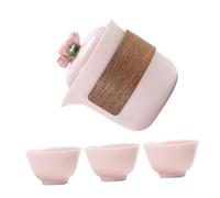 BAZEITFLOW Portable Pink Gongfu Ceramic Tea Set with Hand Molded Floral Lid Ergonomic Handle Optimal Heat Retention Compact Travel Teapot and Cups for Office Outdoor and Home Use