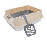 BAZEITFLOW Stainless Steel Covered Cat Litter Box Medium with Lid and Scoop Compact Metal Pan for Kittens and Adult Pets Easy-clean Travel-friendly Khaki Enclosed Litter Tray