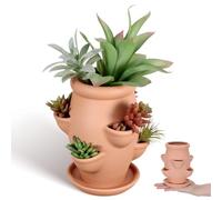 BAZEITFLOW Terracotta 6-pocket Strawberry Tower Clay Planter for Succulents Small Flowers, Khaki Decorative Stylish Flower Pot with Multi-pocket Design for Gardens and Patios, Easy to Move