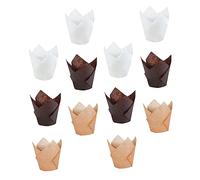 BAZEITFLOW Tulip Shape Muffin Wrappers Greaseproof Baking Cups Food Grade Paper Cake Liners White Natural Coffee Colors for Baking and Parties